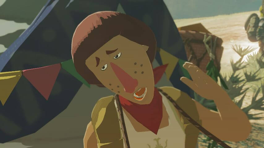 ゼルダの伝説ブレスオブザワイルドにあるゲルド砂漠。カラカラバザールにいるテリーの表情。