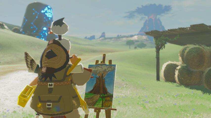 ゼルダの伝説ブレスオブザワイルドにあるリバーサイド馬宿でデスマウンテンの絵を描くカンギス