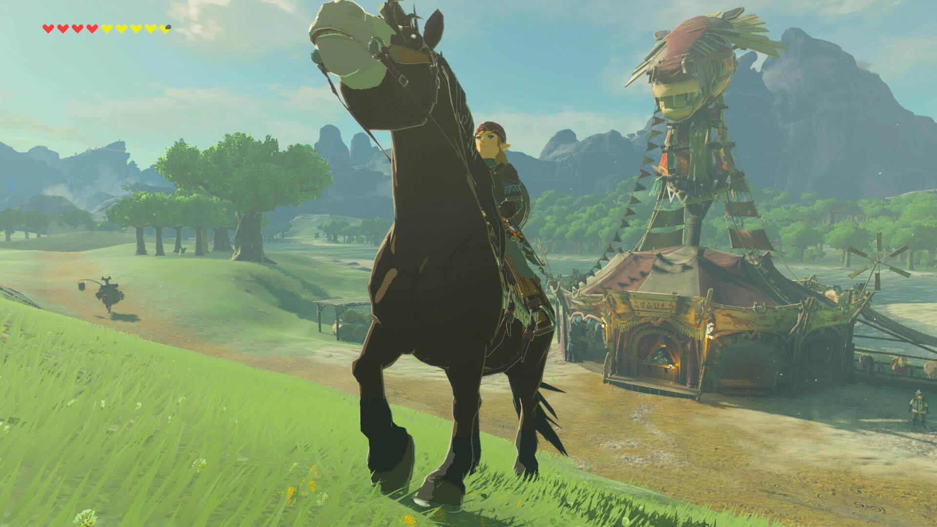 ゼルダの伝説ブレスオブザワイルドにあるリバーサイド馬宿から出発するリンク。