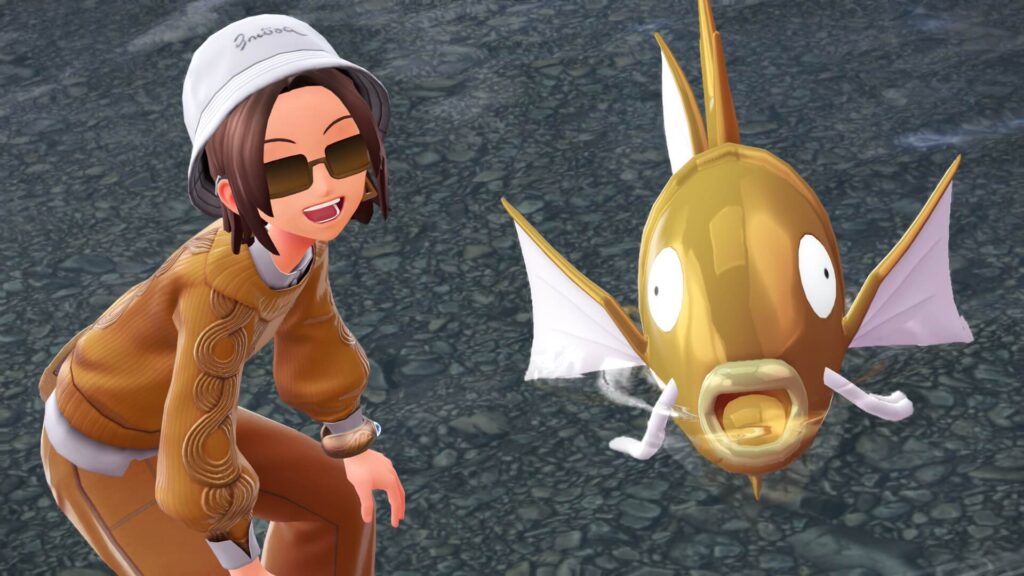 ポケモンレジェンズZAにあるミアレシティ。ベール広場の池で記念撮影する主人公と色違いコイキング。