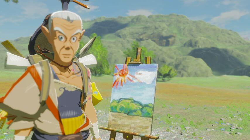 ゼルダの伝説ブレスオブザワイルド。森の馬宿でゴングルの丘の絵を描くカンギス。
