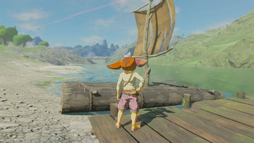 ゼルダの伝説ブレスオブザワイルド。森の馬宿近くの川にはイカダがある。