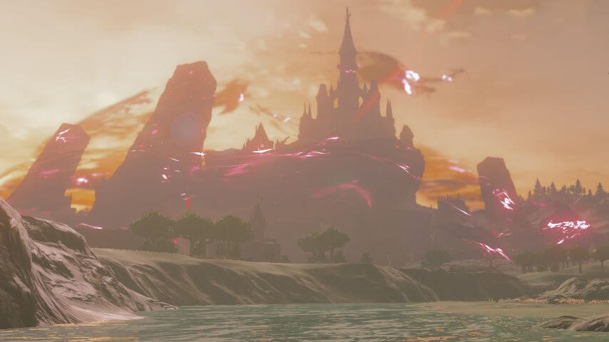 ゼルダの伝説ブレスオブザワイルド。夕暮れに染まるハイラル城。