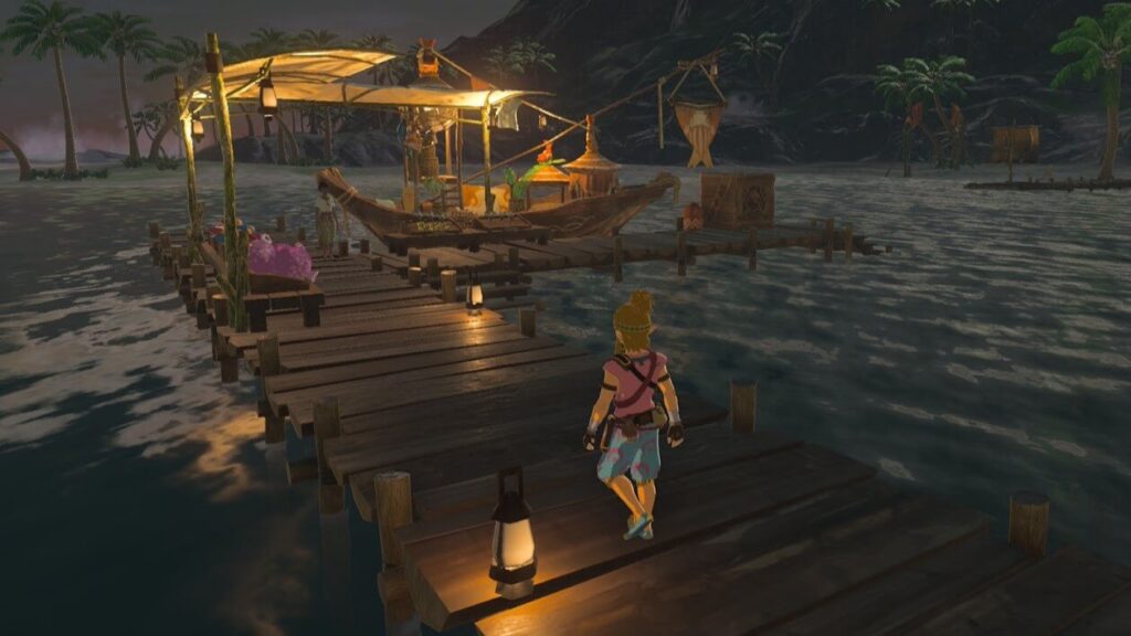 ゼルダの伝説ブレスオブザワイルドにあるウオトリー村。夜のよろず屋。