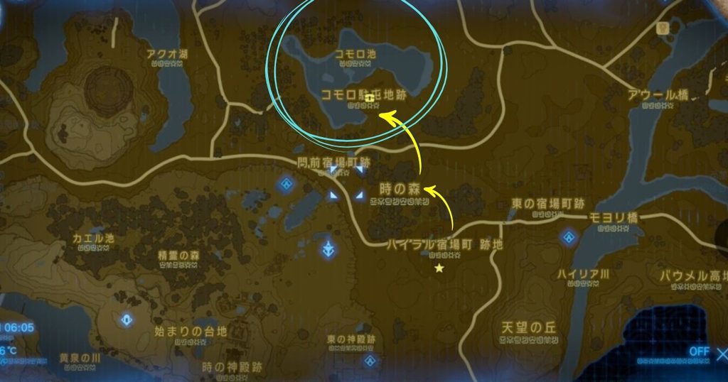 ゼルダの伝説ブレスオブザワイルドのマップ。ハイラル宿屋町跡からコモロ池までの旅路を記している。